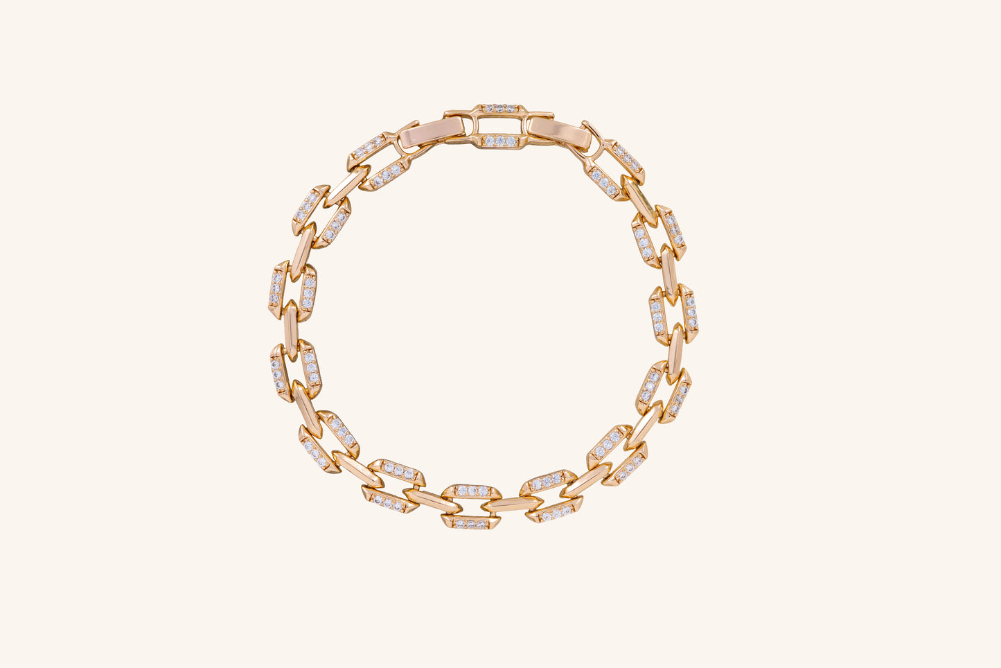 Brățară placată cu aur 18 K Alissa, model cu zale fixe si pietre albe, lungime 17,5 cm cu o prelungire fixa de 2 cm.