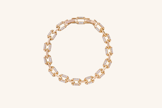 Brățară placată cu aur 18 K Alissa, model cu zale fixe si pietre albe, lungime 17,5 cm cu o prelungire fixa de 2 cm.