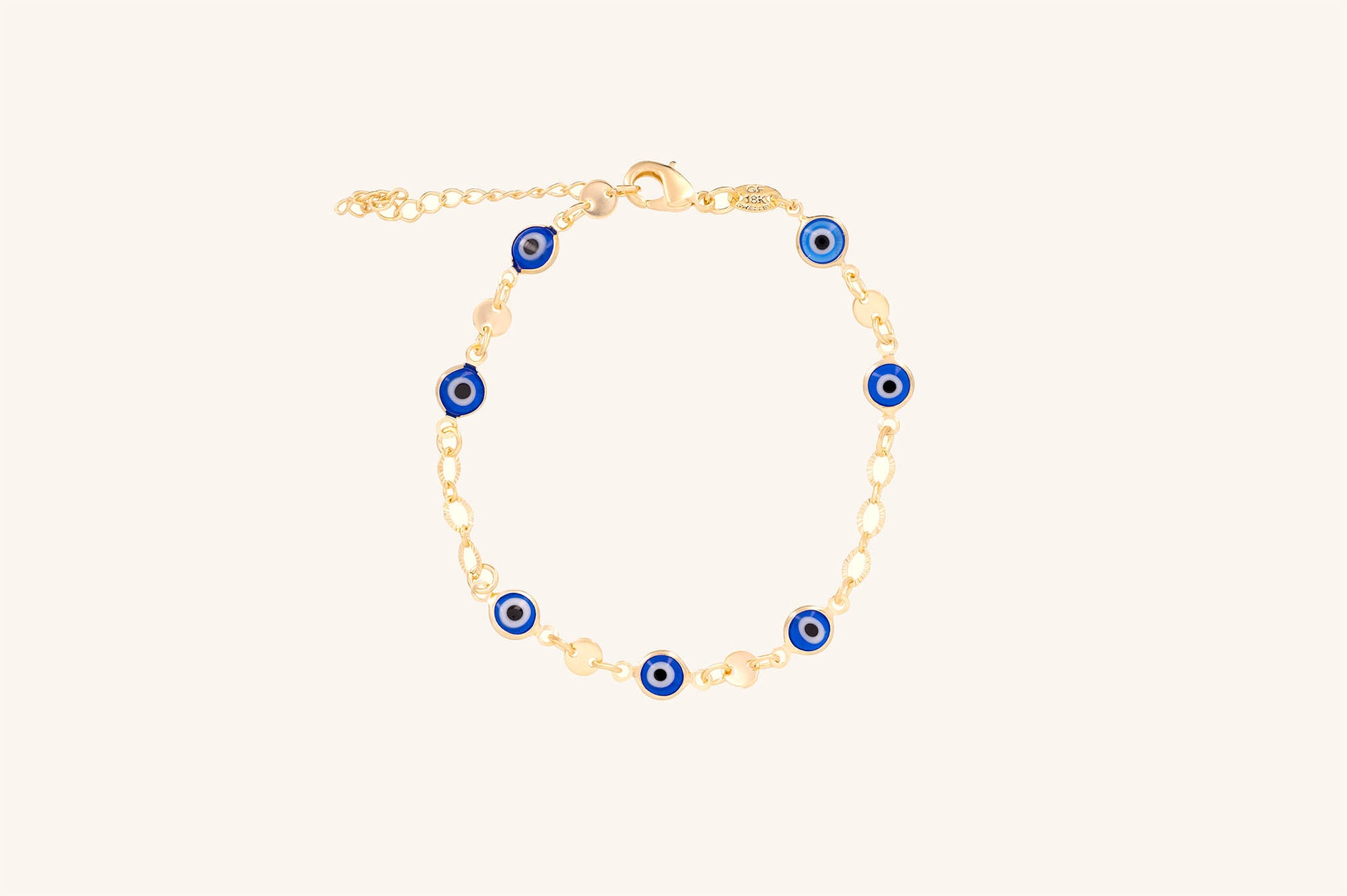 Brățară placată cu aur 18 K Esme, model cu pandantive in forma de ochiul magic, lungime 19 cm cu o prelungire de 5 cm