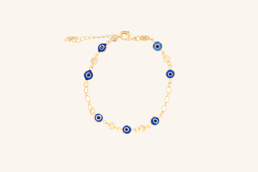 Brățară placată cu aur 18 K Esme, model cu pandantive in forma de ochiul magic, lungime 19 cm cu o prelungire de 5 cm