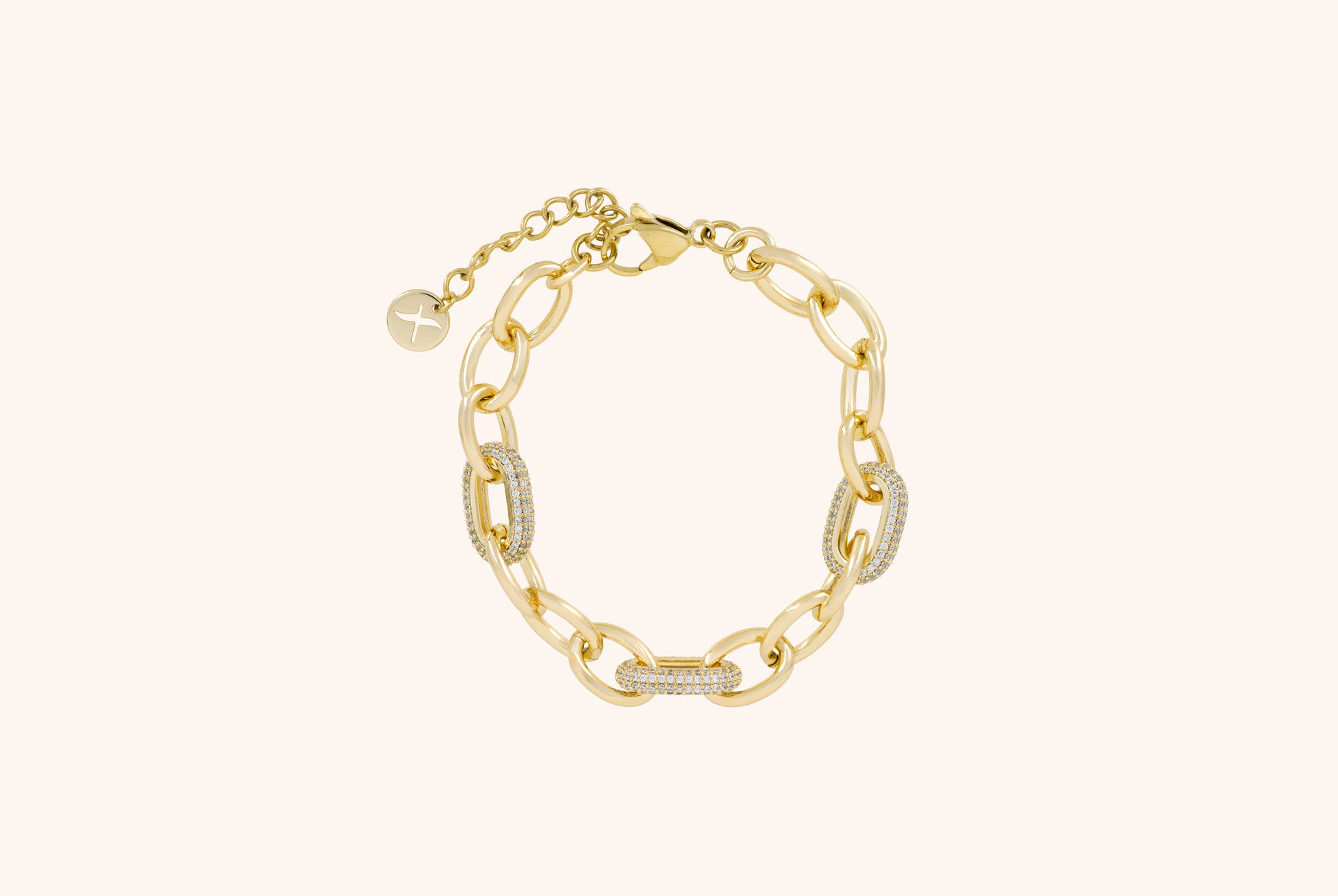 Brățară placată cu aur 18 K Lavinia, model cu zale mari si pietre albe, lungime 17,5 cm cu prelungire de 4 cm 