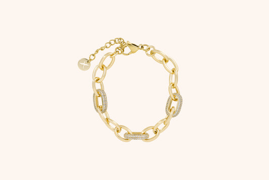 Brățară placată cu aur 18 K Lavinia, model cu zale mari si pietre albe, lungime 17,5 cm cu prelungire de 4 cm 