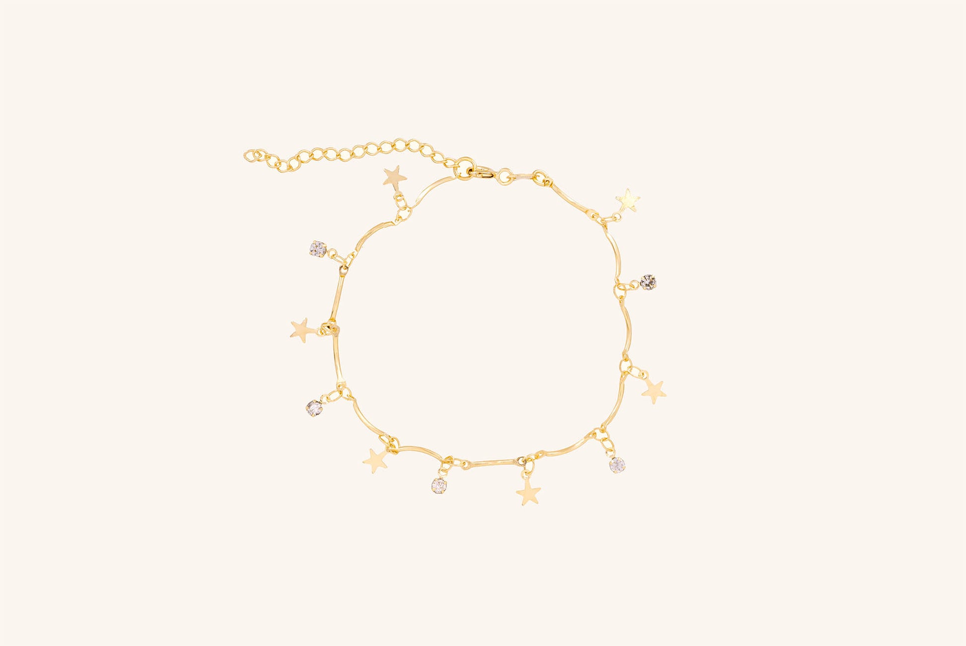 Brățară placată cu aur 18 K Luminita, model cu stelute si pietre albe, lungime 19 cm cu prelungire de 5 cm 