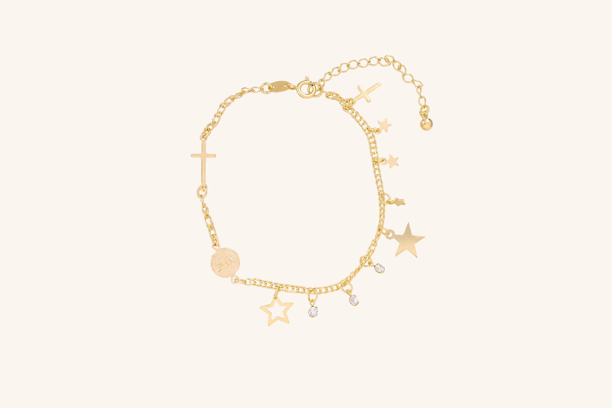 Brățară placată cu aur 18 K Mihaela, model cu cruce, stelute si pietre albe, lungime 19 cm  cu prelungire de 5 cm