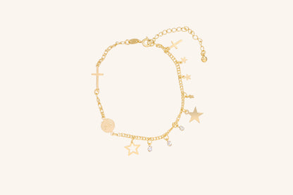 Brățară placată cu aur 18 K Mihaela, model cu cruce, stelute si pietre albe, lungime 19 cm  cu prelungire de 5 cm