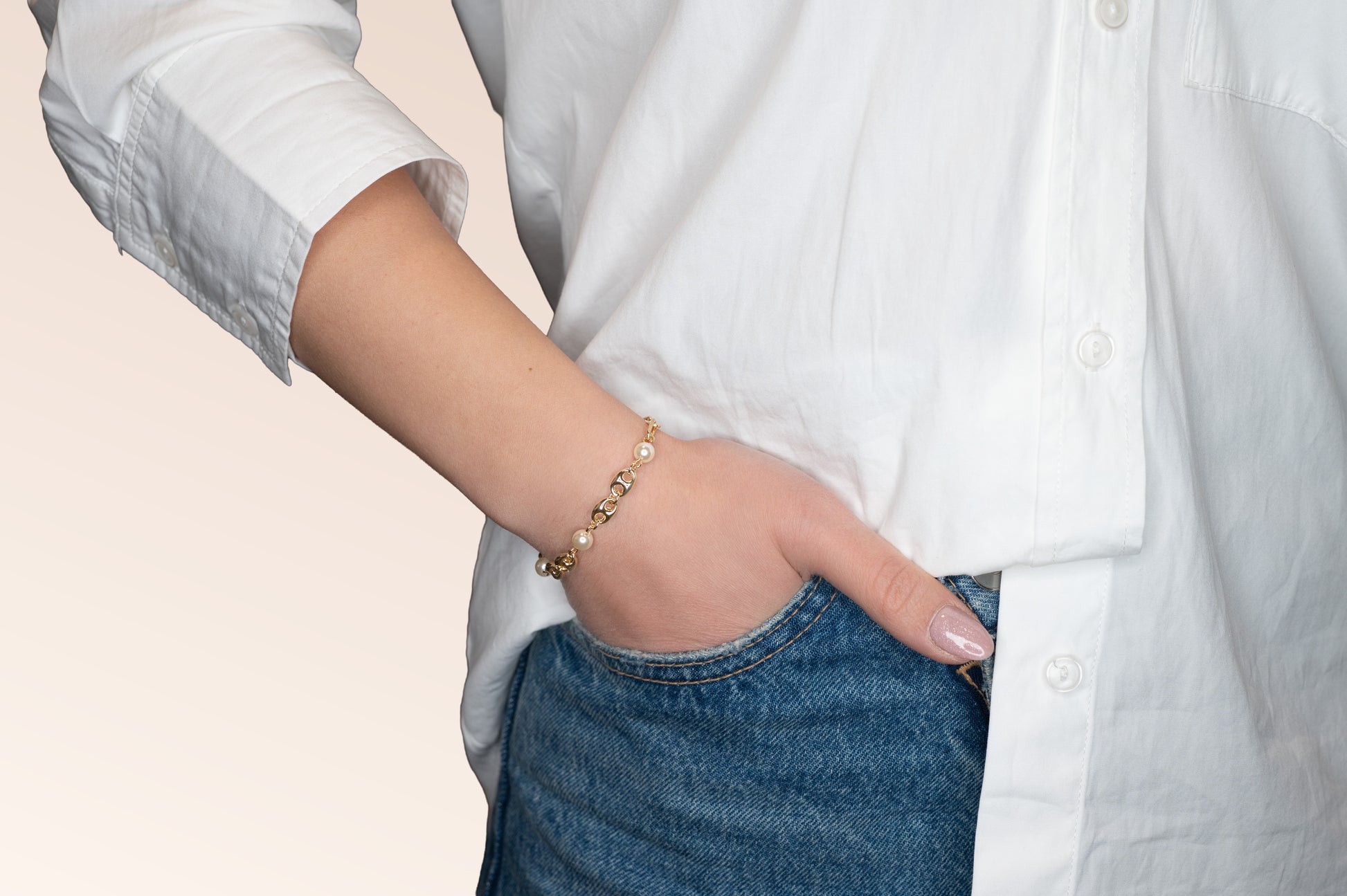 Brățară placată cu aur  18 K Zinnara, model cu perluțe, lungime 20 cm cu prelungire de 5 cm