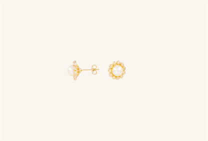 Cercei placați cu aur 18 K Miranda, inchizatoare cu surub, perla alba de plastic, rotunda 