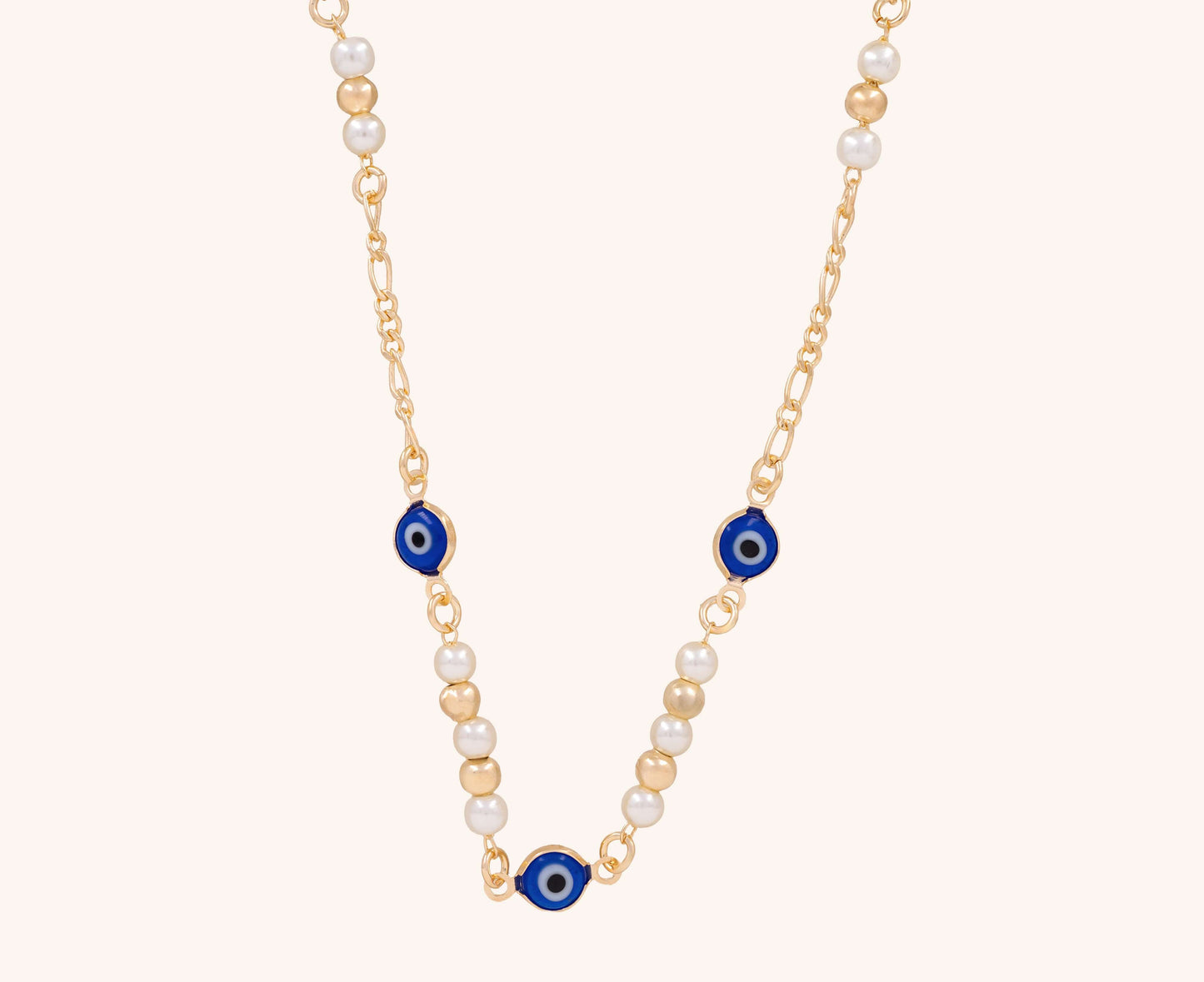 Colier placat cu aur Megan, model cu perlute si piatra albastra, lungime 45 cm,