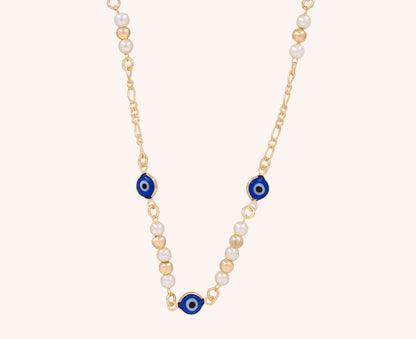 Colier placat cu aur Megan, model cu perlute si piatra albastra, lungime 45 cm,