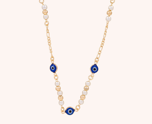 Colier placat cu aur Megan, model cu perlute si piatra albastra, lungime 45 cm,