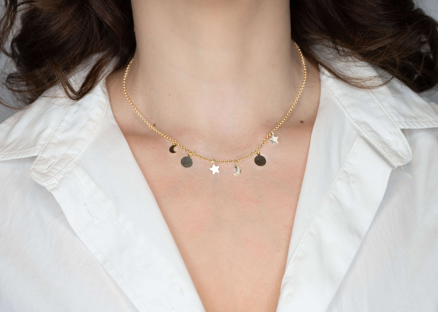 Colier Sophia, aur placat, 39.5 cm, cu detalii stelare și lunare